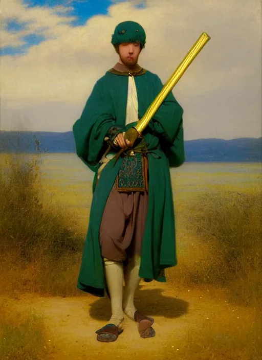 Prompt: beautiful ominous portrait of a male maid with green cloak is holding golden long sword by edmund blair leighton, pale blue and pale yellow colors, Oriental, Desert, Lake