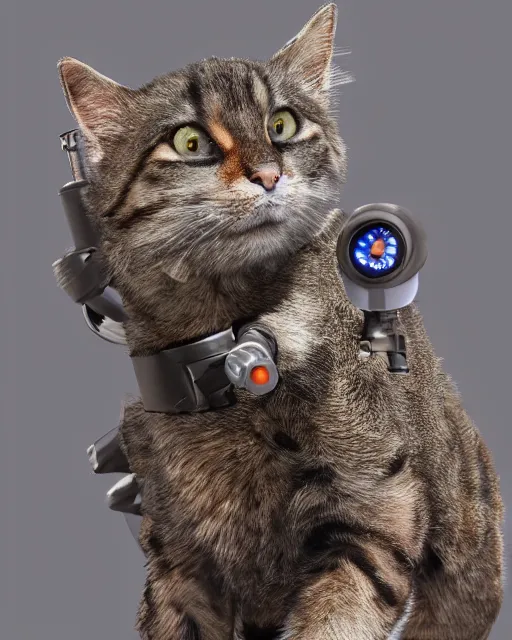 Image similar to cat with jet pack and a laser gun and cyborg blue left eye, standing on his back legs, photorealistic, 8 k render cycles, smooth, complex, insanely detailed, art by woo kim, antilous chao