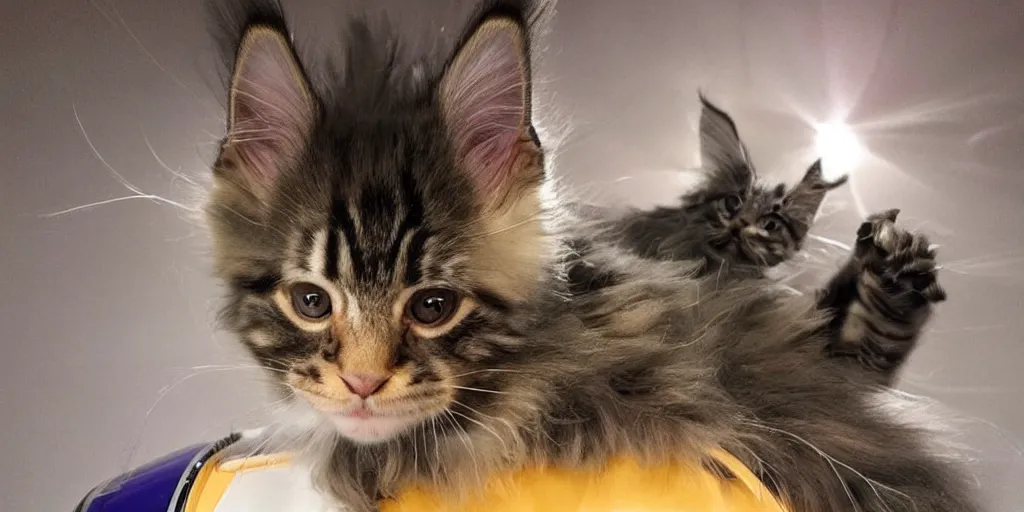 Image similar to a 3 d rendered movie still maine coon kitten descendant 1 million in the future. kitten wears a spacesuit, and explores cosmos in a space ship with a cat tree. science fiction blockbuster movie kittens rule the world or what's on tv? kittens!, dramatic lighting, imax 7 0 mm. buzz lightyear