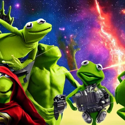 Image similar to the avengers battle kermit the frog in space, galaxy, hd, explosions, gunfire, lasers, spatula, giant, epic, showdown, colorful, realistic photo, unreal engine, stars, prophecy, epic oil painting, powerful, diffused lighting, destroyed planet, debris, justice league