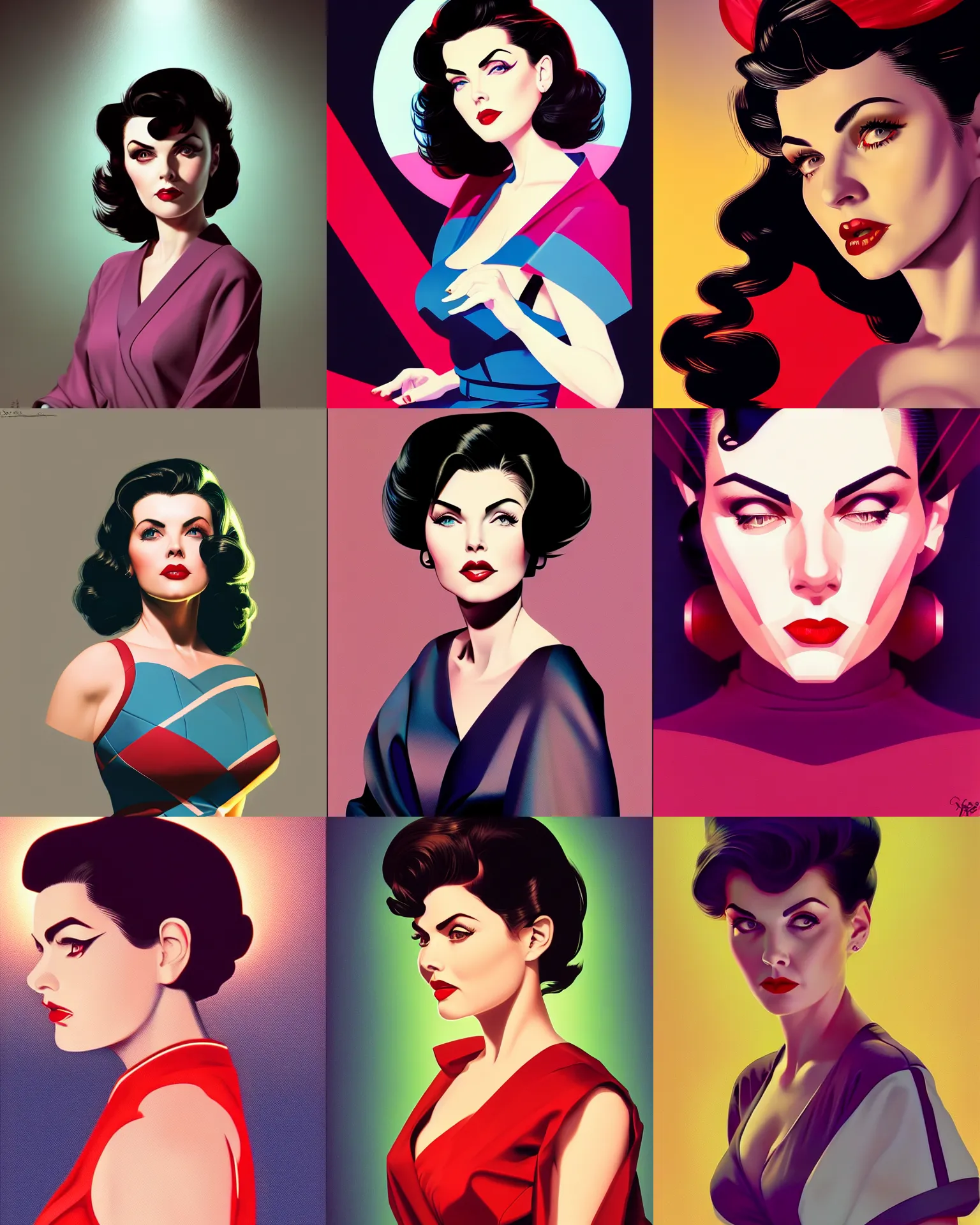 Prompt: sherilyn fenn 2 6 years old, retro futurism, half portrait by stanley artgerm, dramatic lighting, ilya kuvshinov, trending on artstation, flat colour, geometric curves, gradient filter, pleasing tone colours, wearing kimono