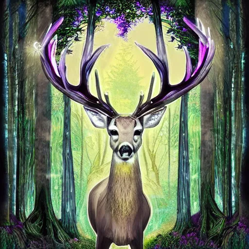 Image similar to A mystic deer with majestic antlers in an enchanted forest. Moonlight. Fireflies. Celtic fantasy style. Digital art.