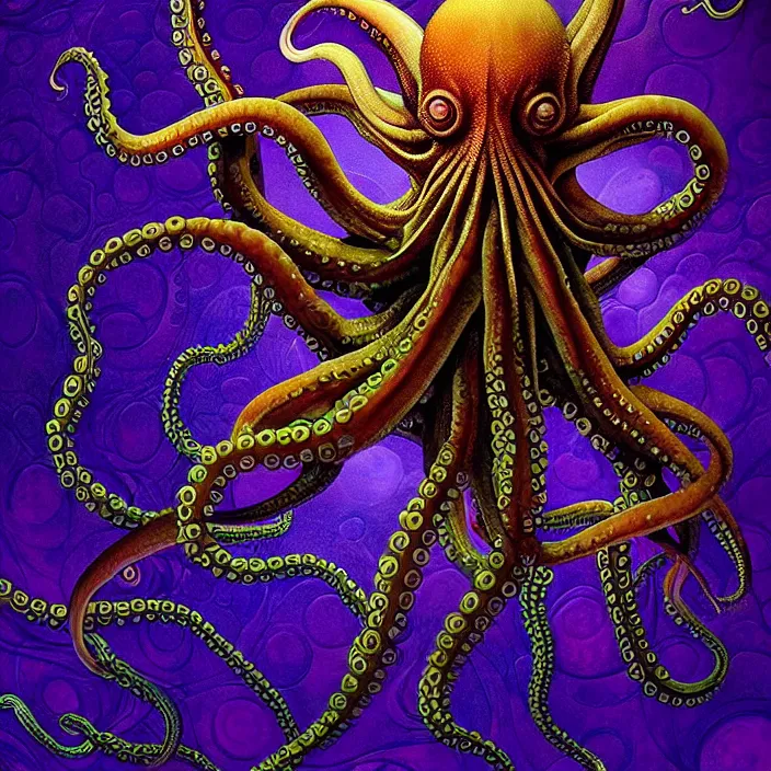 Image similar to depicting an octopus, a submarine with tentacles wrapped around it, in the style of h. p. lovecraft, exuberant organic elegant forms, by karol bak and filip hodas : : 1. 4 purple, red, blue, green, black intricate mandala explosions : : intuit art : : turbulent water backdrop : : damask wallpaper : : atmospheric