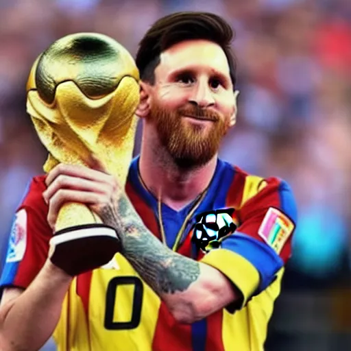 Image similar to Lionel Messi holding the Fifa World Cup