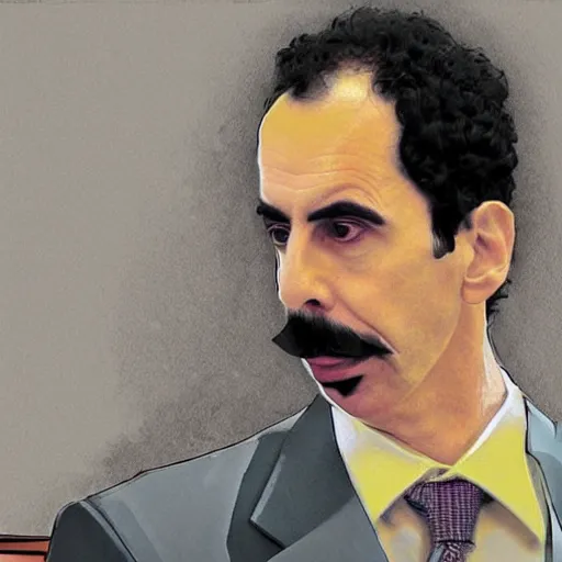 Prompt: Borat sitting in court as a judge. High quality digital art