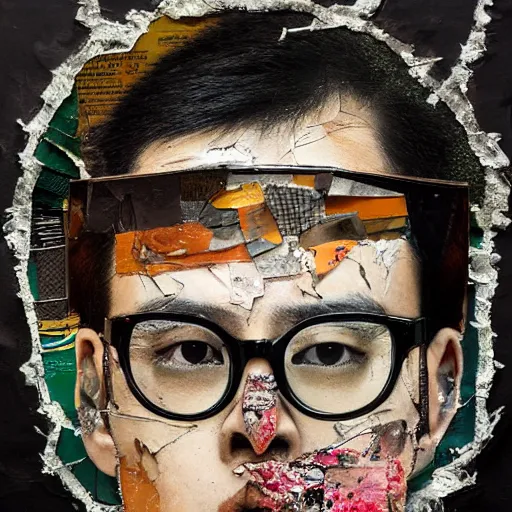 Prompt: do you scream? detailed analogue mixed media collage with canvas texture in style of contemporary art, punk art, hyperrealistic beautiful asian guy face with glasses, photorealistic, expressionism, masterpiece, perfect composition, spectacular quality, intricate oil details, vivid broken glass, torn paper, magazine pages