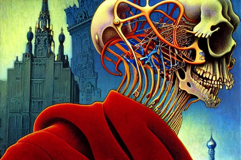 Image similar to realistic detailed closeup portrait painting of a single skeleton wearing red velvet blazer in a crowded futuristic moscow street by Jean Delville, Amano, Yves Tanguy, Alphonse Mucha, Ernst Haeckel, Edward Robert Hughes, Roger Dean, rich moody colours, blue eyes