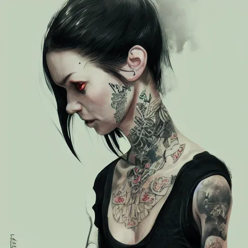 Image similar to swedish bar maid, tattoos, black t - shirt, black skirt, detailed portrait, intricate complexity, by greg rutkowski, artgerm, ross tran, conrad roset, takato yomamoto, ilya kuvshinov. 4 k, beautiful, cinematic dramatic atmosphere