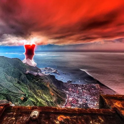 Image similar to madeira island nuked by a nuclear bomb, cloud shroom, cinematic shot, realistic, hdr, color, wide shot