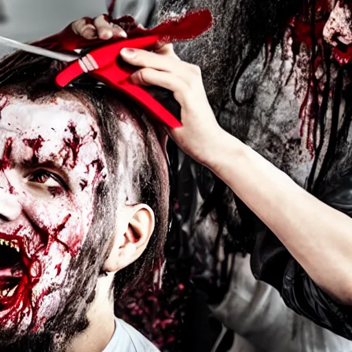 Image similar to a zombie getting a haircut.