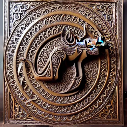 Prompt: gorgeous ornated bronze realistic detailed sacred camel wall decoration with filigree, arabic calligraphy