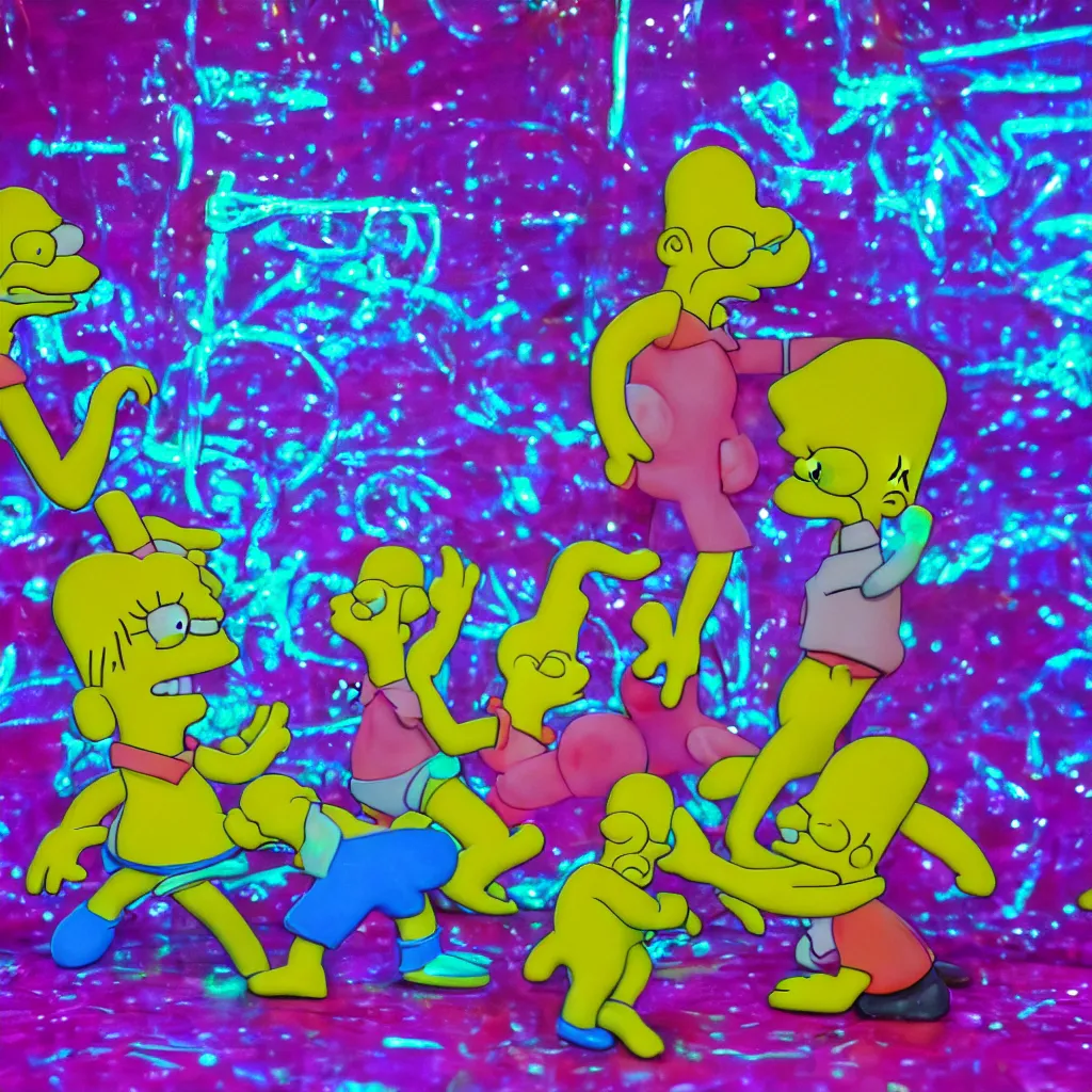 Prompt: plasticine wet shiny simpsons, crystal, moonlit, mirrors, camera angled dramatically, realistic, neon lasers, close up, diorama