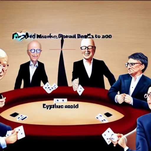 Image similar to UHD photorealistic Elon Musk playing poker with Satoshi Nakamoto, Klaus Schwab, and Bill Gates, hyperrealistic, correct details, symmetrical faces, accurate faces,