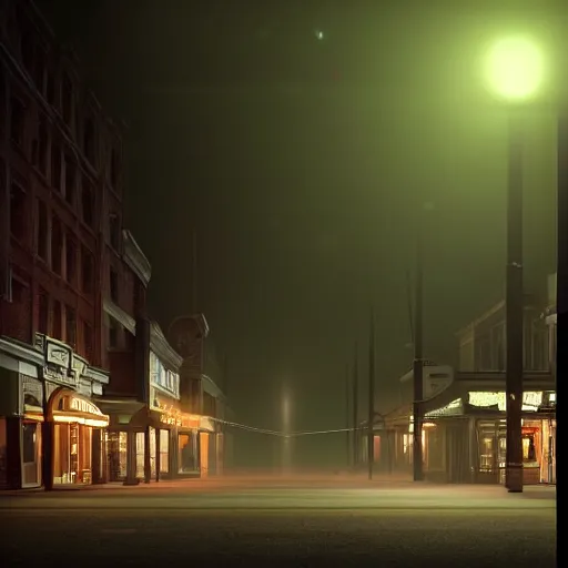 Prompt: A stunningly beautiful award-winning 8K high angle from 2nd floor cinematic movie photograph looking down diagonally across a spooky dark very foggy empty lightless moonlit main street intersection in an abandoned 1950s small town at night. perfect composition, moody low key backlit. Color palette from Seven, greens yellows and reds. 2 point perspective. Octane render