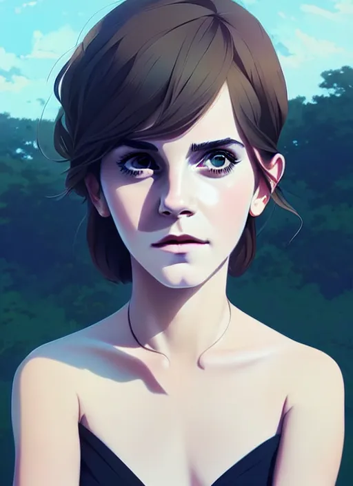 Image similar to portrait of a emma watson by ilya kuvshinov, cloudy sky background lush landscape illustration concept art anime key visual trending pixiv fanbox by wlop and greg rutkowski and makoto shinkai and studio ghibli