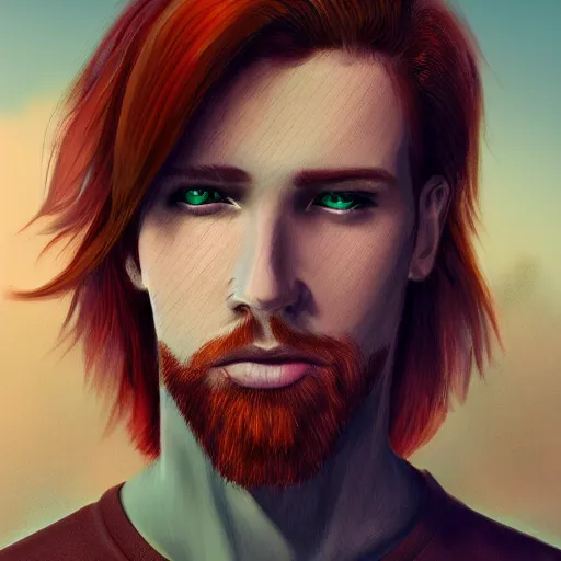 Image similar to professional digital art of a man with natural red hair and green eyes, popular, attractive, high quality, highly detailed, hd, 4 k, 8 k,