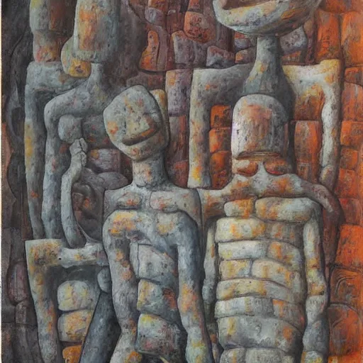 Image similar to a detailed impasto painting by shaun tan and ben shahn of an abstract forgotten sculpture by the caretaker and ivan seal