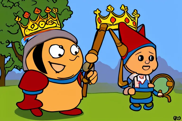 Image similar to pinto bean holding a staff, wearing crown, cartoon character,