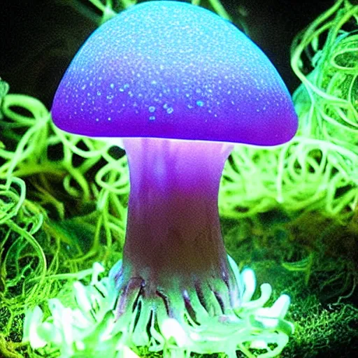 Prompt: “ photo of a glowing alien mushroom, super realistic ”