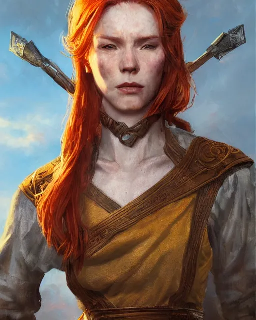 Image similar to the elder scrolls vi, charismatic rugged female redhead breton mage portrait, illustration, rim light, top light, perfectly shaded, golden hour, epic, intricate, soft painting, art by ross tran, krenz cushart and wenjun lin