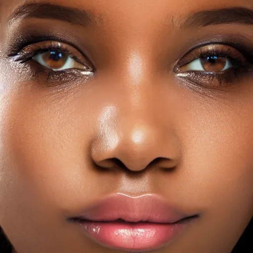 Image similar to a closeup portrait of a black woman with brown hair and brown eyes. Extremely clear and high quality eyes with reflection, realistic face and details, clear lips and high quality