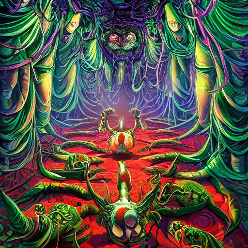 Image similar to dmt-machine-elves by artist-Nathan-Spoor, crawling across the circus floor, climbing up the winding trees