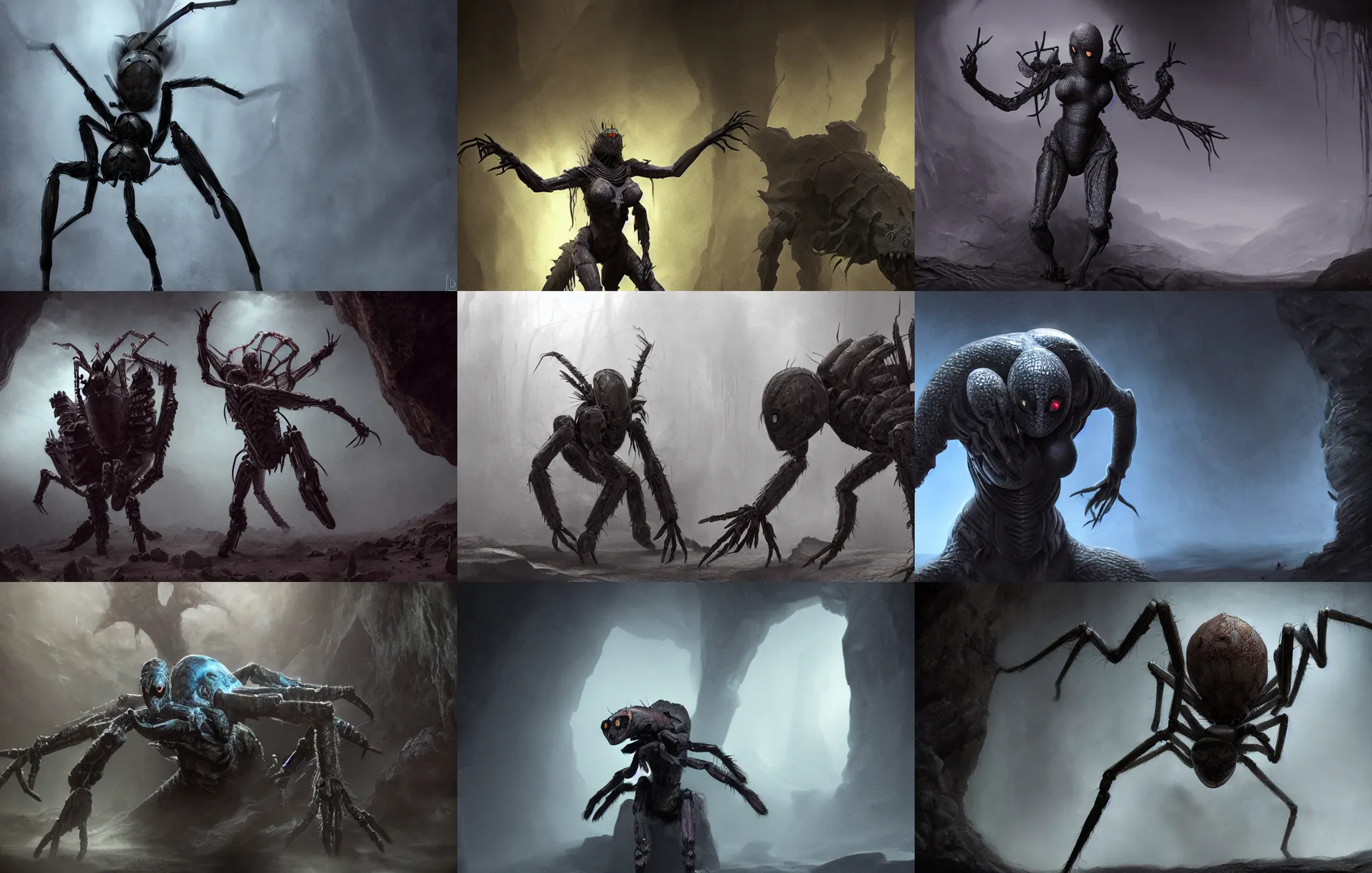 Prompt: creepy matte painting of an armored female spider centaur with eight spider legs in a dark cave, ultra detailed, monster, half human half spider, human torso and head, human face, human arms, spider thorax, creature design, concept art, 8 k, moody lighting, muted colors, blue tone light, dramatic lighting, realistically proportioned face