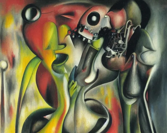 Image similar to Oil painting by Roberto Matta. Strange mechanical beings kissing. Portrait by Yoshitomo Nara.