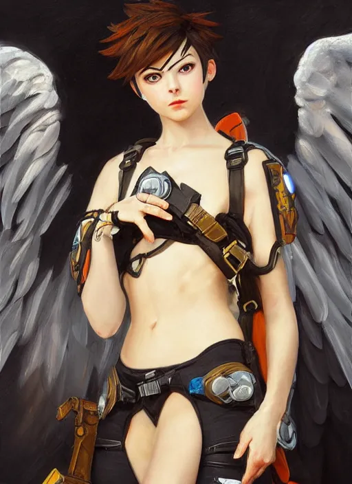 Image similar to oil painting of tracer overwatch in the style of sophie anderson, on knees, angel wings, black outfit, dramatic painting, wearing black choker,