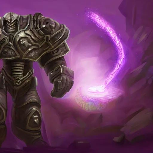 Image similar to purple glow coming off of ancient runic armored golem high detail, artstation, award winning masterpace