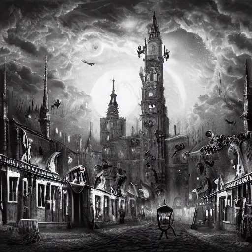 Prompt: ultra realist soft painting of a curiosities fair by night, nightmare horror, omnious sky, symmetry accurate features, very intricate details, black and white, volumetric light clouds