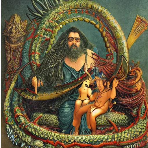 Image similar to The illustration shows a mythological scene. A large, bearded man is shown seated on a throne, surrounded by sea creatures. He has a trident in one hand and a shield in the other. Behind him is a large fish, and in front of him are two smaller creatures. rococopunk by William Wegman, by John Atkinson Grimshaw angular, kaleidoscopic