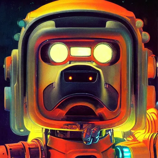 Image similar to a dark and colorful close - up of a sci - fi mecha dog robot with led lights glowing fog in the background. highly detailed science fiction painting by norman rockwell, frank frazetta, and syd mead. rich colors, high contrast, gloomy atmosphere, dark background. trending on artstation