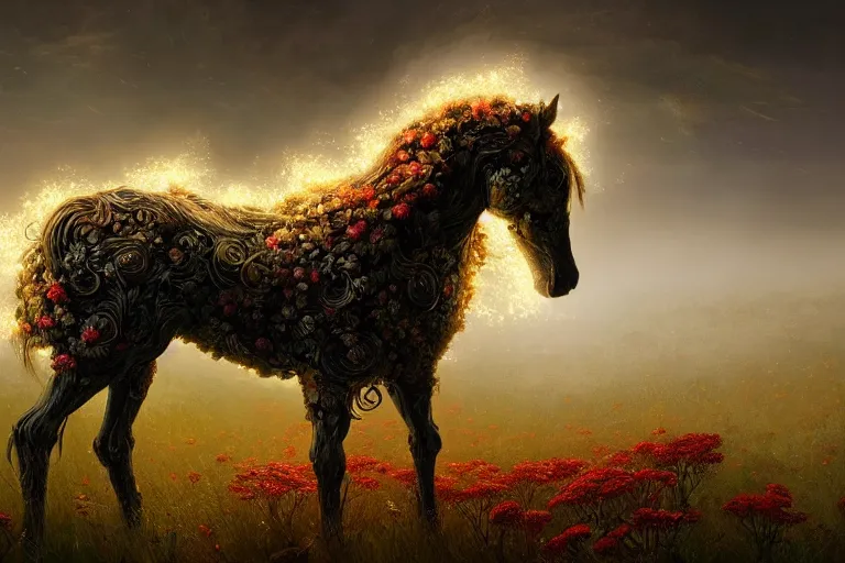 Image similar to a stunning digital painting of a horse made of intricately engraved gnarled wood with a mane of bioluminescent flowers standing in a field of flowers by greg rutkowski, flowercore, volumetric light, digital art, fine detail, photorealistic