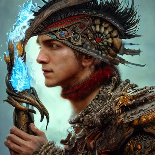 Prompt: HDR, realistic, high depth of field portrait of beautiful athletic male human latino short-haired sun cleric druid shaman with firefox pet, flame conjuring armored, highly detailed, moody face expression, intricate image by Andrei Riabovitchev, Shaun Tan and Peter Mohrbacher, matte painting