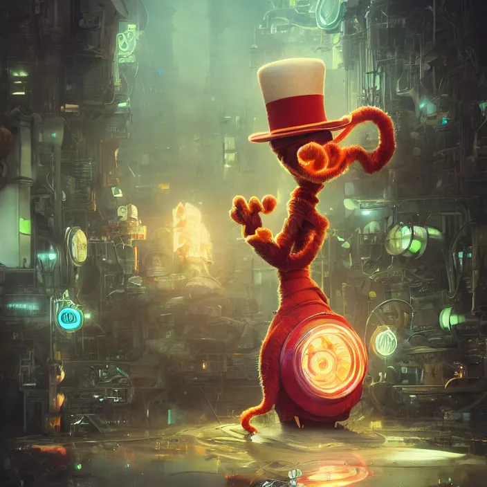 Image similar to complex 3 d render, hyper detailed, ultra sharp, robot cat in the hat, scary, neon, cinematic, steampunk, natural soft light, rim light, octane render, artstation, art by artgerm and greg rutkowski and alberto seveso, dr seuss