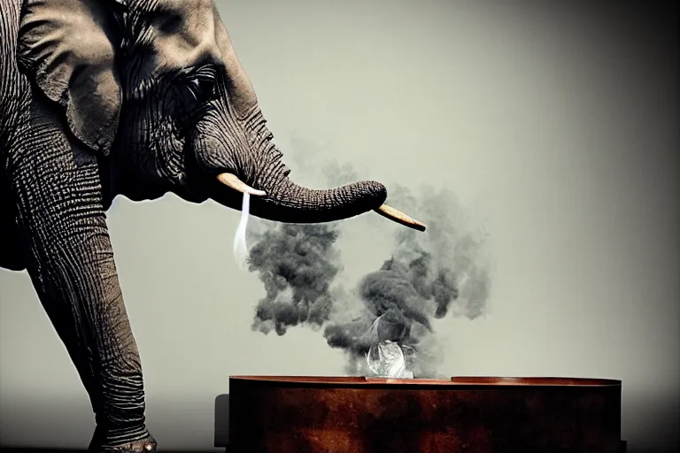 Image similar to ultra realistic photography, picture of ( subject : an elephant blowing smoke ). the scene is set in a gentlemens cigar lounge, a very smokey atmosphere, small thick clouds of cigar smoke, artstation, focus on the elephant, extremely detailed and crisply sharp photo, hyperrealistic smoke, figma, sigma, 4 k