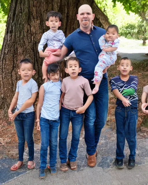 Prompt: a man with five children protecting his pair of jeans and screaming