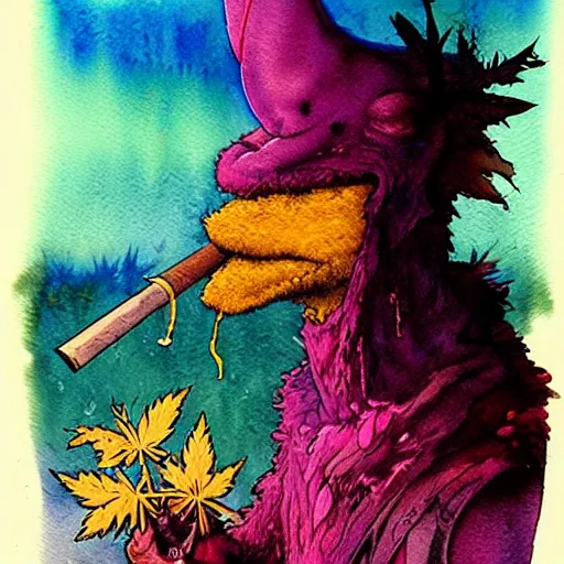 Image similar to a realistic and atmospheric watercolour fantasy character concept art portrait of elmo with pink eyes smoking a huge blunt looking at the camera with a pot leaf nearby by rebecca guay, michael kaluta, charles vess and jean moebius giraud