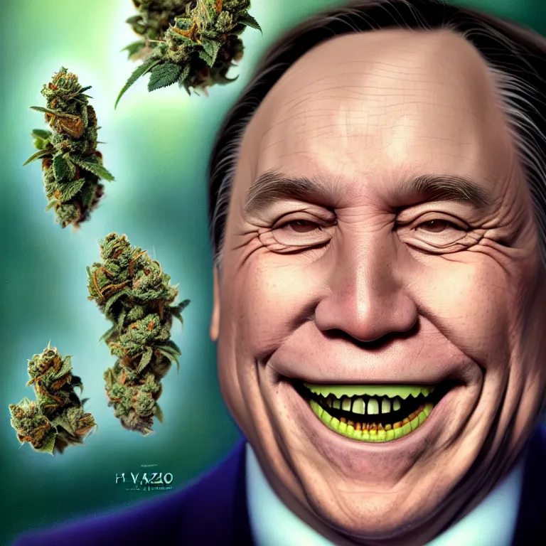 Image similar to a portrait of a happy high on cannabis premier francois legault in 2 0 2 1 illustrated by miyazaki by karol bak, james jean, tom bagshaw, rococo, sharp focus, trending on artstation, cinematic lighting, hyper realism, octane render, 8 k, hyper detailed, vivid, ultra detailed, highly detailed