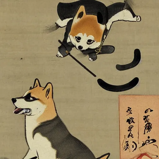 Image similar to shiba inu ninja on a birthday card, highly detailed, 1 8 th century japanese painting,