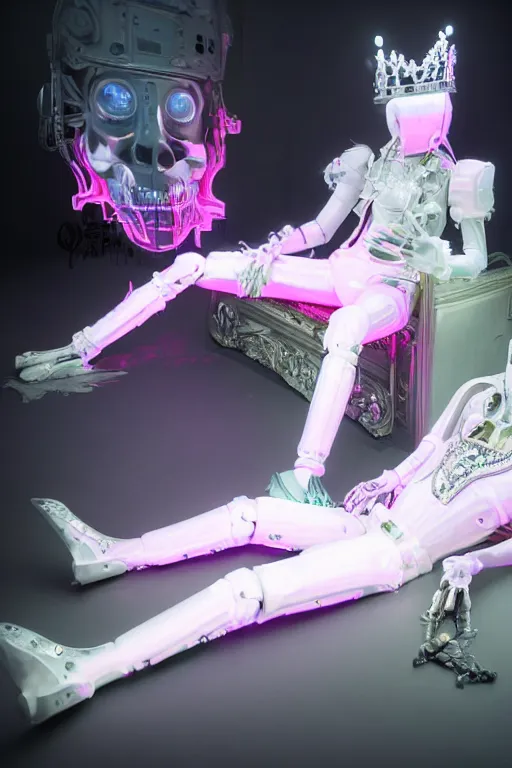 Image similar to full-body rococo and cyberpunk style neon statue of a young attractive Italiano macho dotado e rico android sim roupa reclining con las piernas abertas e la piroca dura, glowing white laser eyes, prince crown of pink gears, diamonds, swirling silver-colored silk fabric. futuristic elements. full-length view. space robots. human skulls. intricate artwork by caravaggio. Trending on artstation, octane render, cinematic lighting from the right, hyper realism, octane render, 8k, depth of field, 3D