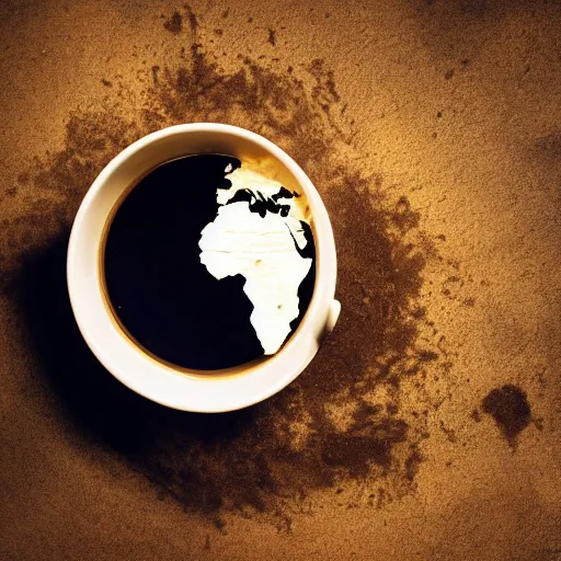 Prompt: Photo of the world map drawn in a cup of coffee, award-winning, golden hour, moody, epic, lightning, 85mm, camera, amazing, talent