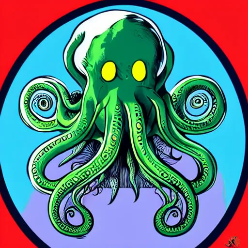 Prompt: hyper realistic award winning illustration by jamie mckelvie of in frame cute cthulhu moving it's tentacles against a blue background, digital art