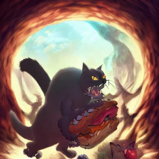 Image similar to a scared cat running away from the giant carnivorous sandwich, artstation hq, dark phantasy, stylized, symmetry, modeled lighting, detailed, expressive, true unsimulated emotions, created by hayao miyazaki