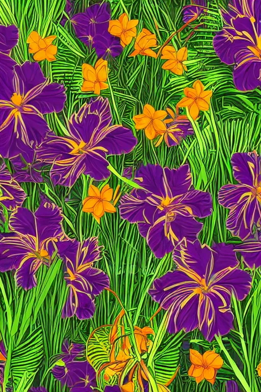 Image similar to moody Intricate detailed vector illustration of tropical flowers and green reeds, multiple cohesive colors ranging from warms purples to bright oranges on a ((very dark background)), 4K resolution