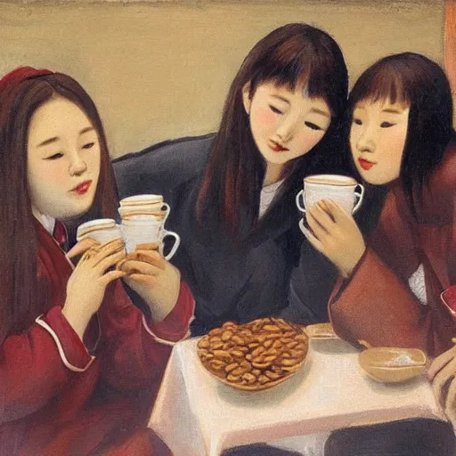 Prompt: a group of 4 people drinking coffee : korean girl, osetin girl, vyacheslav, ilya