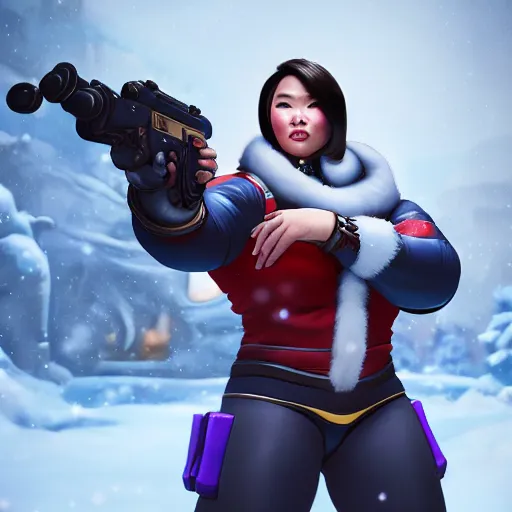 Image similar to a screenshot of arnold schwarzenegger as mei in the snow shooting frost gun in overwatch, portrait, fantasy, beautiful face, vivid colors, elegant, concept art, sharp focus, digital art, hyper - realistic, 4 k, unreal engine, highly detailed, hd, dramatic lighting by brom, trending on artstation