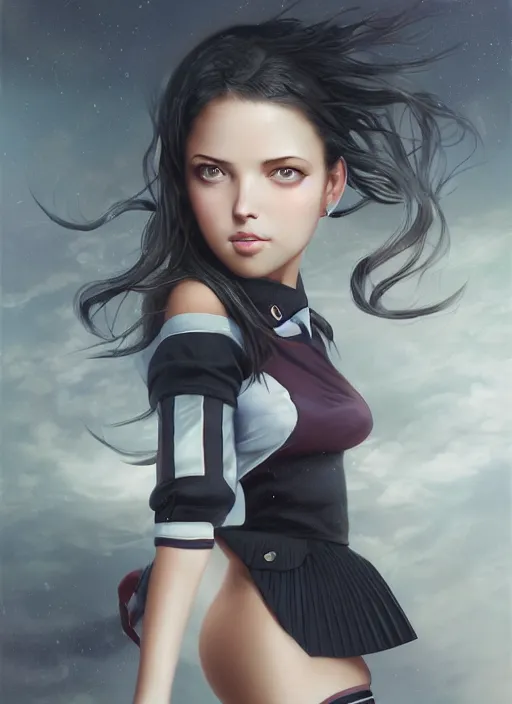 Image similar to a beautiful woman with school uniform, seifuku, pleated miniskirt, overknee socks, adriana lima, painted by artgerm and tom bagshaw, fantasy art, dramatic lighting, highly detailed oil painting, volumetric lighting