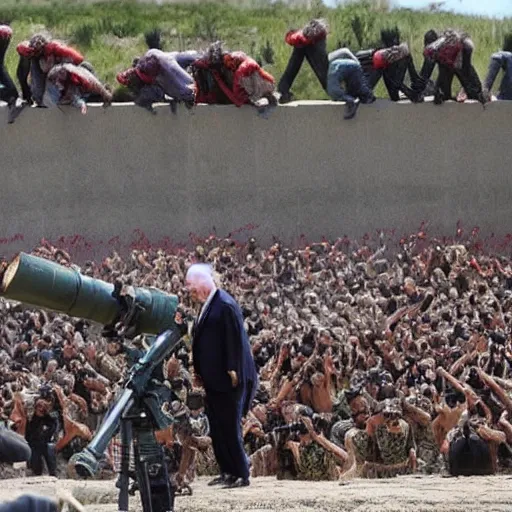 Prompt: Donald Trump firing a minigun into waves of Mexican zombies attempting to illegally climb over his giant Mexican border wall